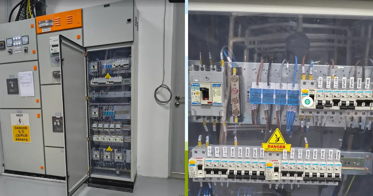 Commercial electrical contractor Singapore – 400V 3-phase main switchboard and distribution board with labelled MCBs and RCCBs