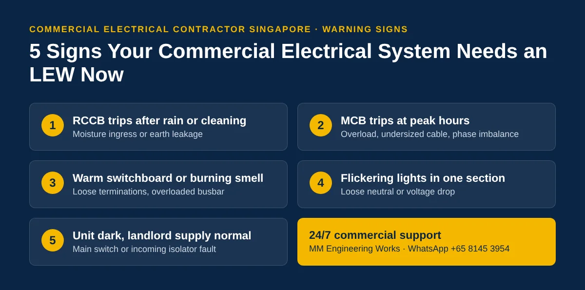 Commercial electrical contractor Singapore warning signs: power trips, warm switchboard, flickering lights