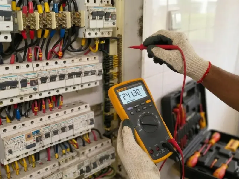 Electrician testing a tripped circuit with a multimeter at a DB box
